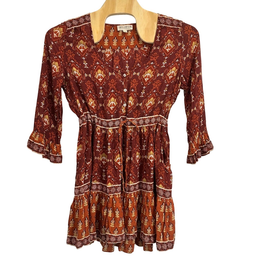 Idyllwind Miranda Lambert Paisley Boho Mini Dress Rust Women's XXL Pockets Fall